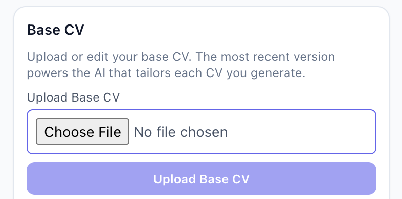 HyperApply Base CV view, used as the starting point for AI-assisted tailoring.