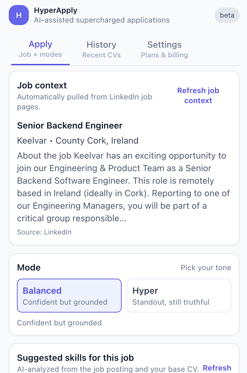HyperApply Apply screen showing job context, suggested skills, and the generate CV button.